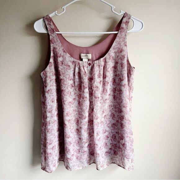 Loft Pink Floral Popover Flowy Sleeveless Blouse Tank Top Cottagecore romantic - Picture 1 of 5